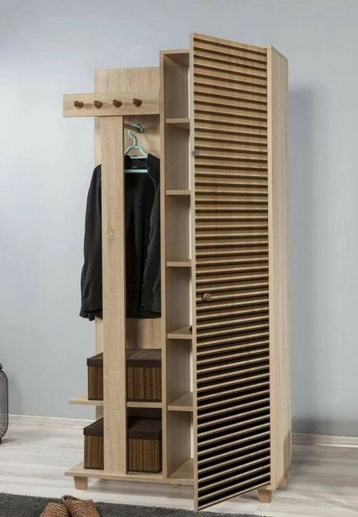 Mobile da ingresso Savina, Entratina appendiabiti, Composizione per atrio, Consolle portaoggetti multifunzione, 90x36h194 cm, Quercia