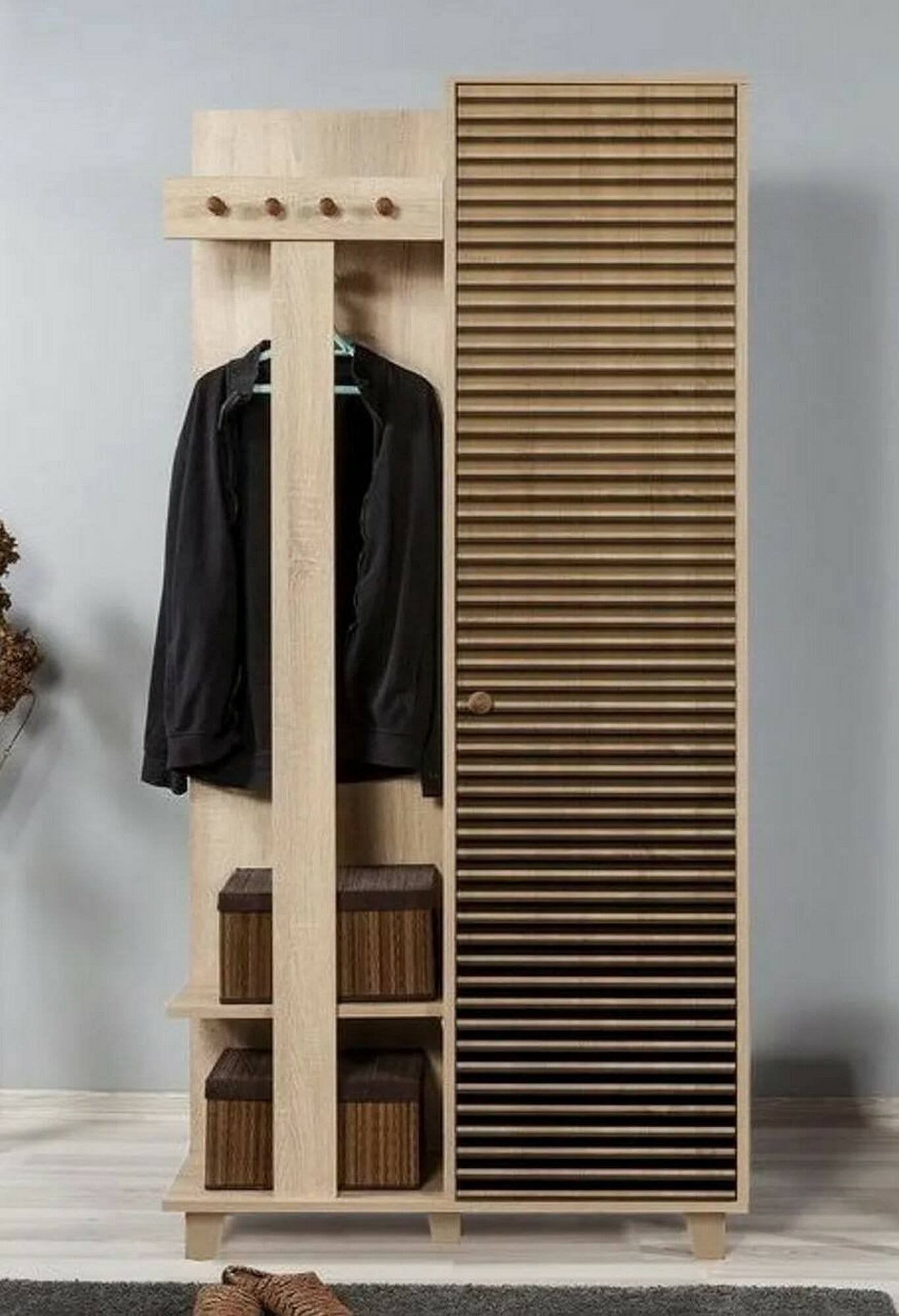 Mobile da ingresso Savina, Entratina appendiabiti, Composizione per atrio, Consolle portaoggetti multifunzione, 90x36h194 cm, Quercia