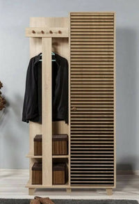 Mobile da ingresso Savina, Entratina appendiabiti, Composizione per atrio, Consolle portaoggetti multifunzione, 90x36h194 cm, Quercia