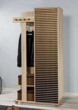 Mobile da ingresso Savina, Entratina appendiabiti, Composizione per atrio, Consolle portaoggetti multifunzione, 90x36h194 cm, Quercia