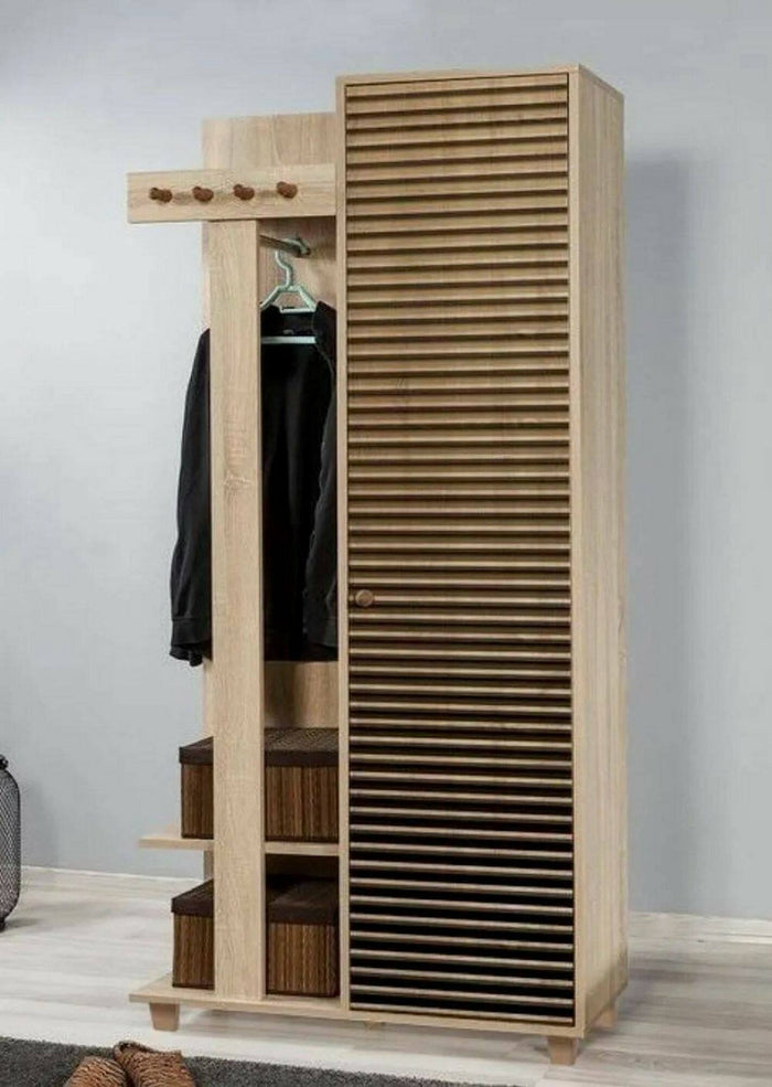 Mobile da ingresso Savina, Entratina appendiabiti, Composizione per atrio, Consolle portaoggetti multifunzione, 90x36h194 cm, Quercia