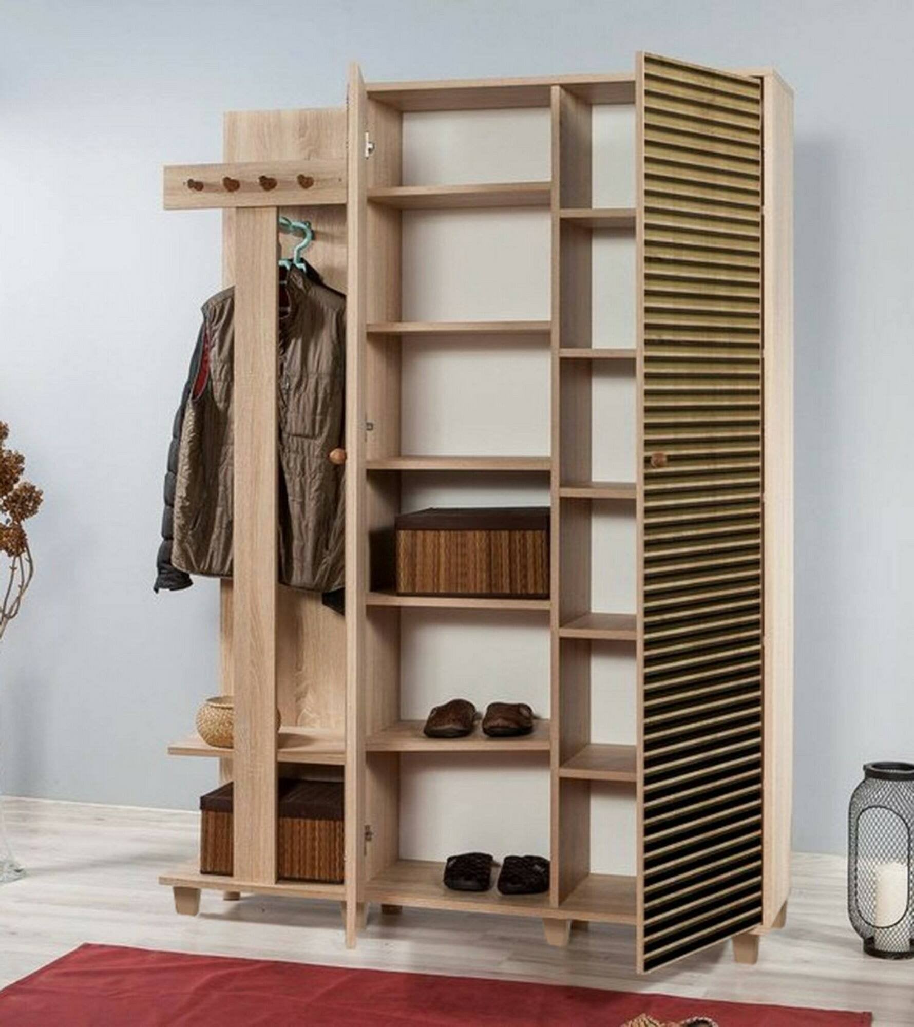 Mobile da ingresso Liana, Entratina appendiabiti, Composizione per atrio, Consolle portaoggetti multifunzione, 135x36h194 cm, Quercia