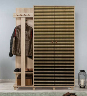 Mobile da ingresso Liana, Entratina appendiabiti, Composizione per atrio, Consolle portaoggetti multifunzione, 135x36h194 cm, Quercia