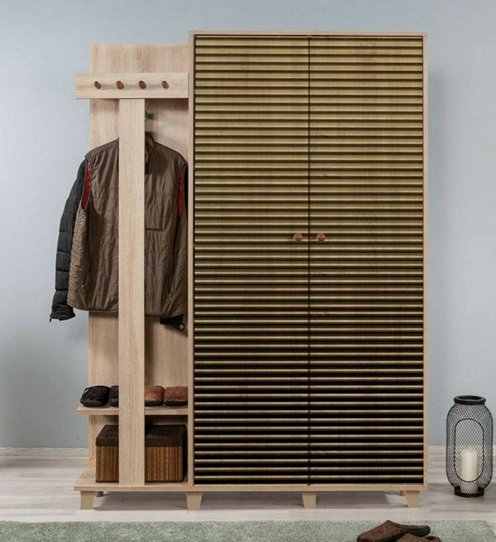 Mobile da ingresso Liana, Entratina appendiabiti, Composizione per atrio, Consolle portaoggetti multifunzione, 135x36h194 cm, Quercia