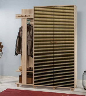 Mobile da ingresso Liana, Entratina appendiabiti, Composizione per atrio, Consolle portaoggetti multifunzione, 135x36h194 cm, Quercia