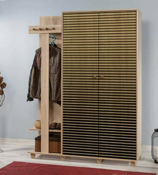 Mobile da ingresso Liana, Entratina appendiabiti, Composizione per atrio, Consolle portaoggetti multifunzione, 135x36h194 cm, Quercia