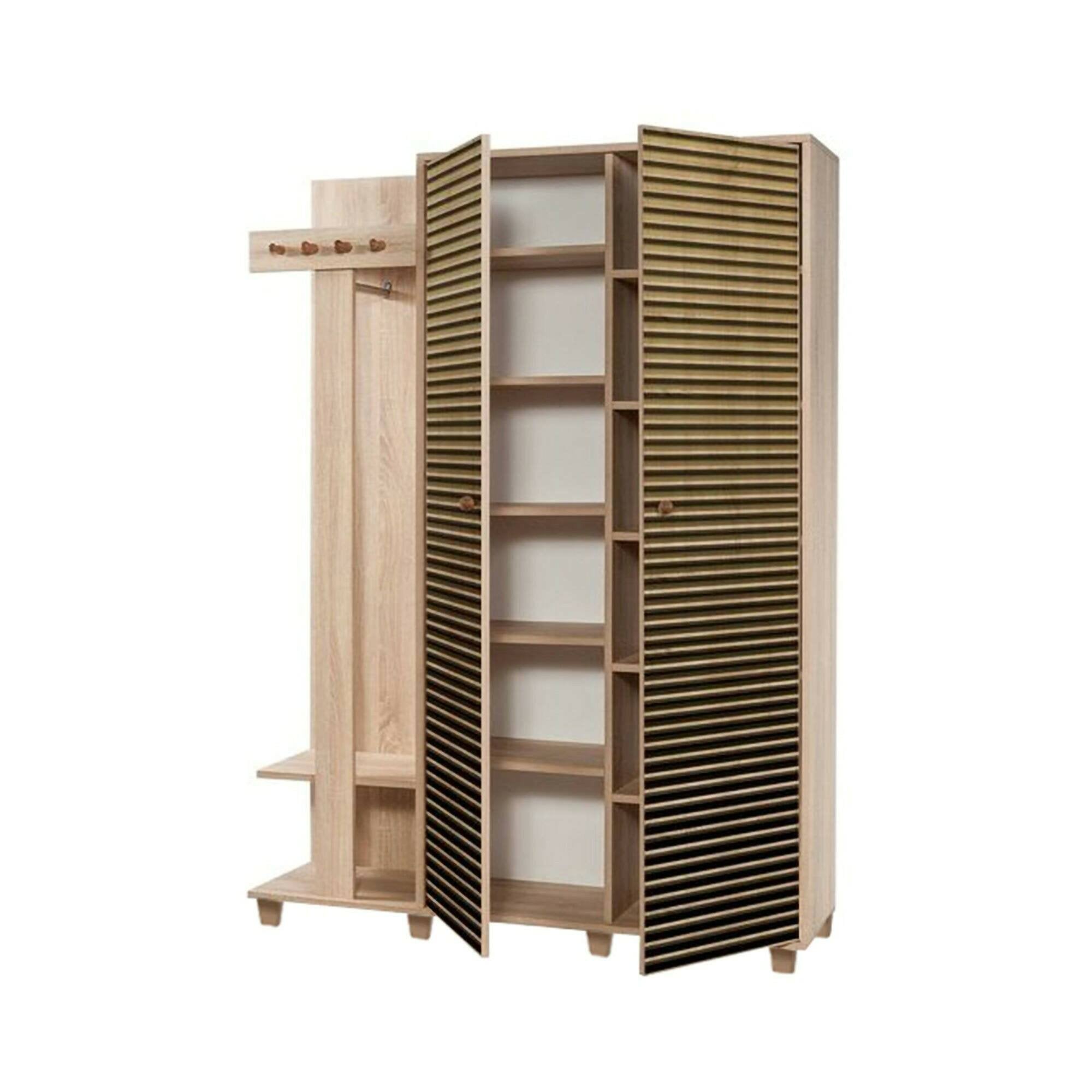 Mobile da ingresso Liana, Entratina appendiabiti, Composizione per atrio, Consolle portaoggetti multifunzione, 135x36h194 cm, Quercia