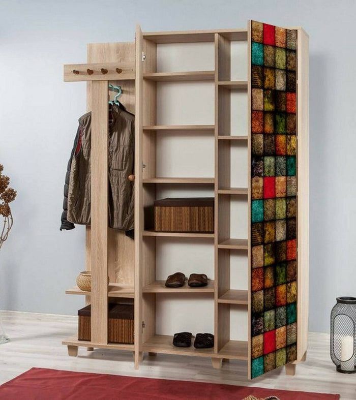 Mobile da ingresso Liana, Entratina appendiabiti, Composizione per atrio, Consolle portaoggetti multifunzione, 135x36h194 cm, Quercia e Multicolore