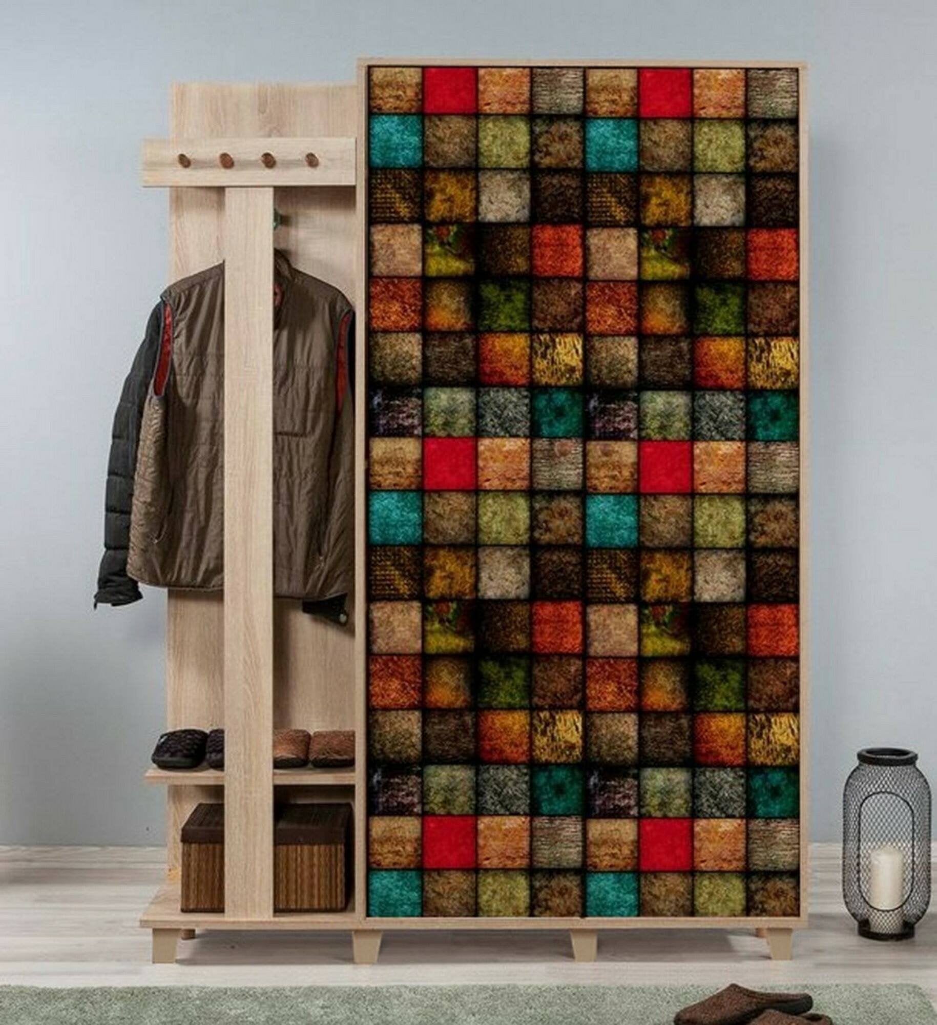 Mobile da ingresso Liana, Entratina appendiabiti, Composizione per atrio, Consolle portaoggetti multifunzione, 135x36h194 cm, Quercia e Multicolore