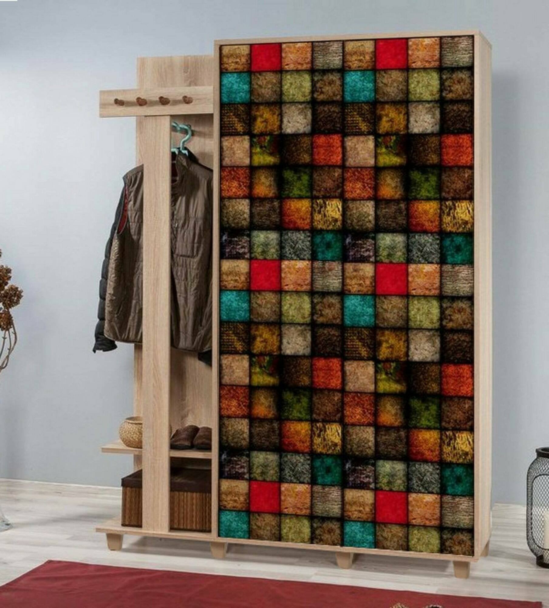 Mobile da ingresso Liana, Entratina appendiabiti, Composizione per atrio, Consolle portaoggetti multifunzione, 135x36h194 cm, Quercia e Multicolore