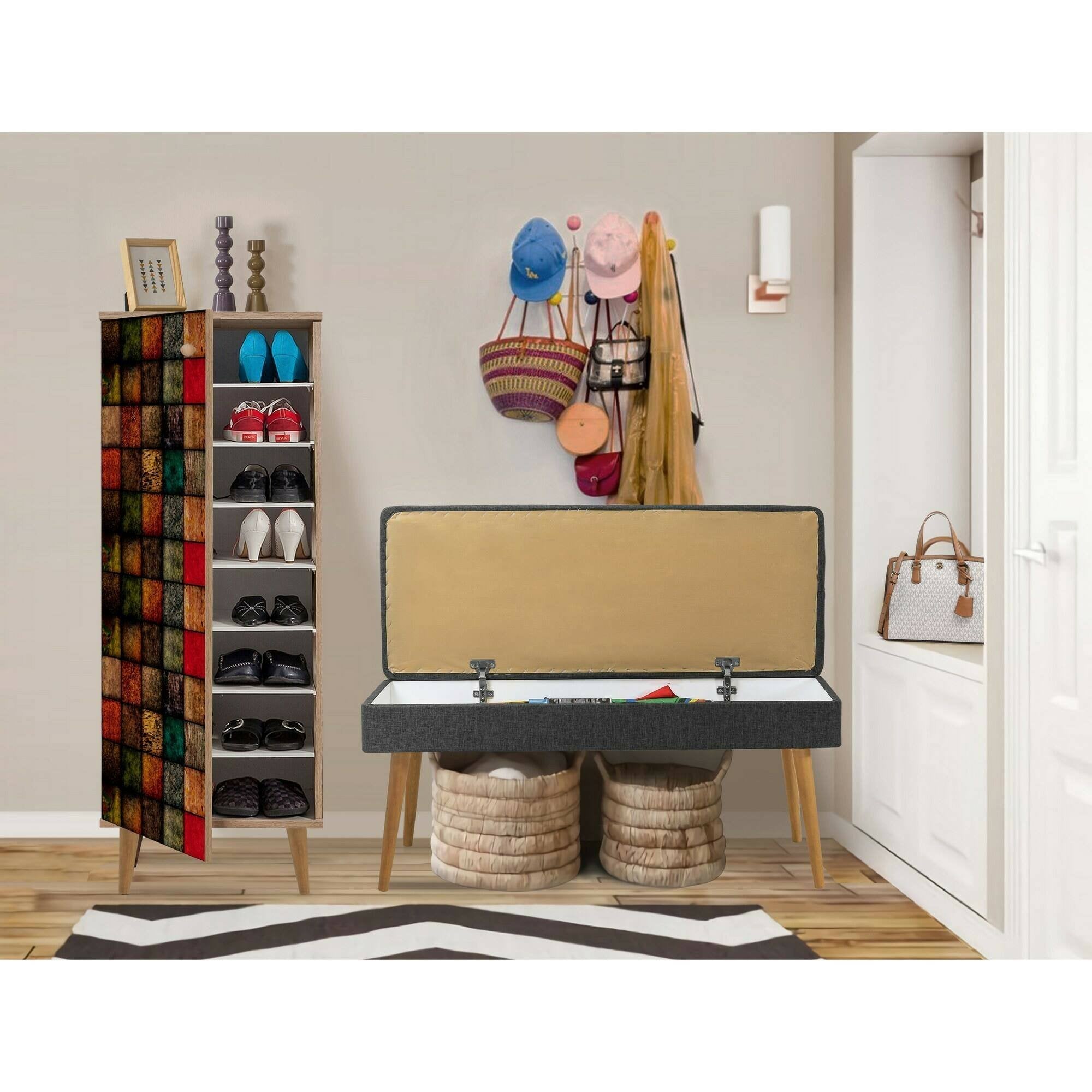 Mobile da ingresso Podgorica, Entratina appendiabiti, Composizione per atrio, Consolle portaoggetti multifunzione, 50x38h135 cm, Quercia e Antracite