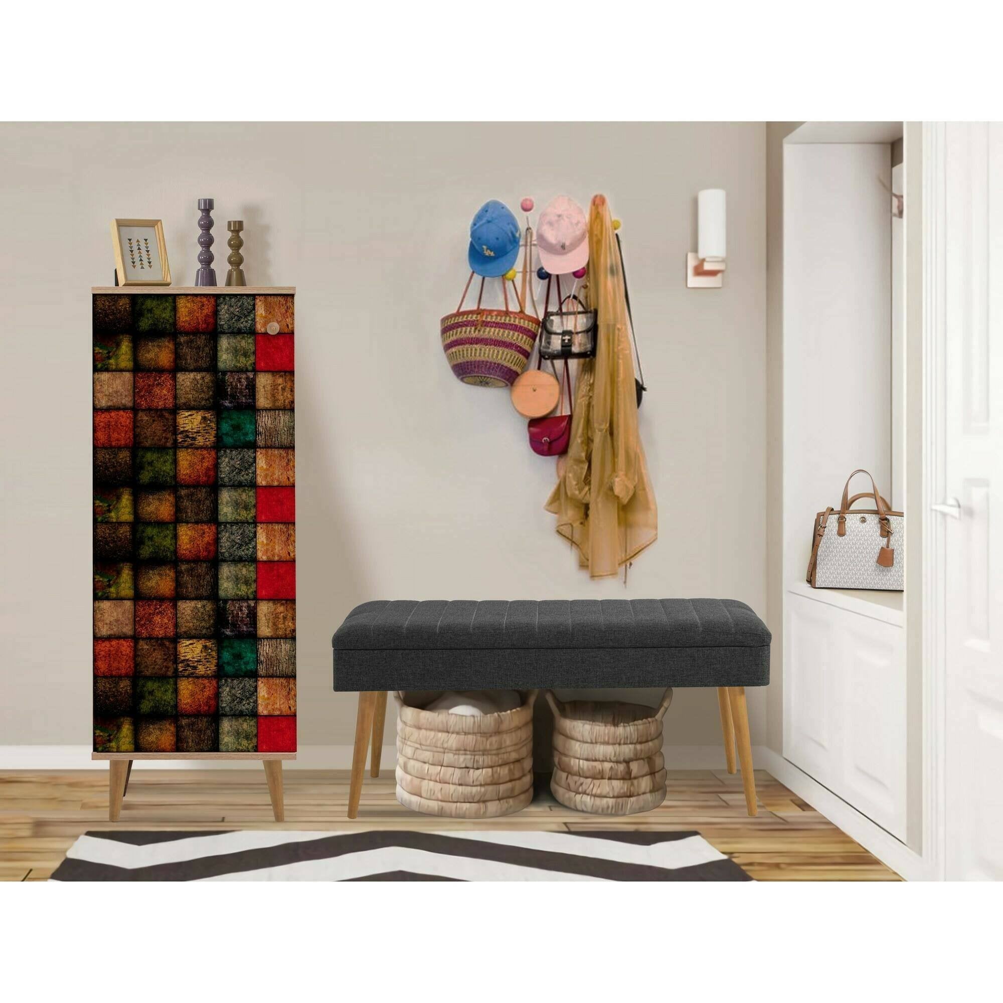 Mobile da ingresso Podgorica, Entratina appendiabiti, Composizione per atrio, Consolle portaoggetti multifunzione, 50x38h135 cm, Quercia e Antracite