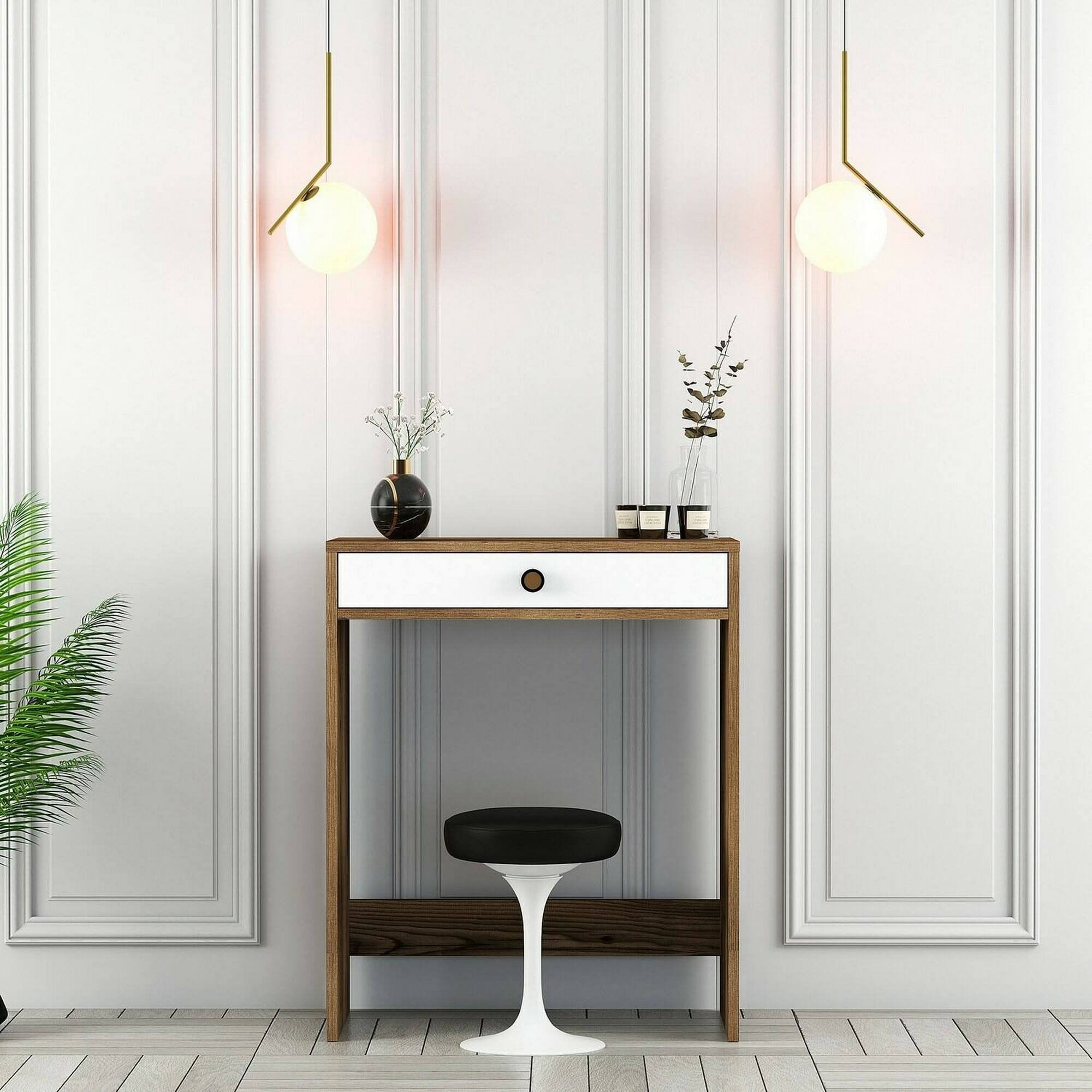 Consolle Bedonia, Tavolo multiuso, Mobiletto d'appoggio, Scrivania da corridoio, 70x85h40 cm, Noce e Bianco