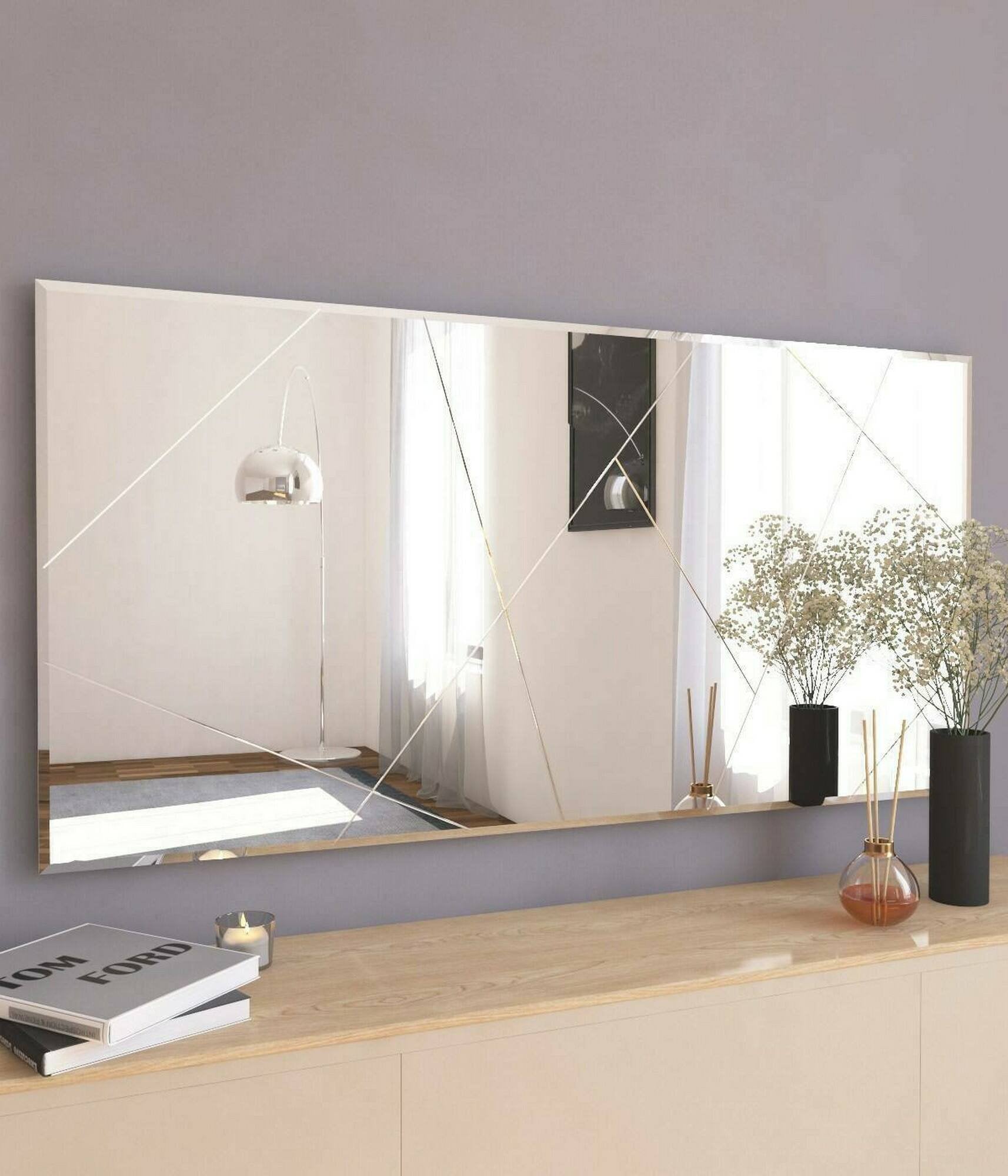 Specchio Corallo, Specchiera, Articolo d'arredo a muro, Decorazione con specchio, 120x2h60 cm, Bianco