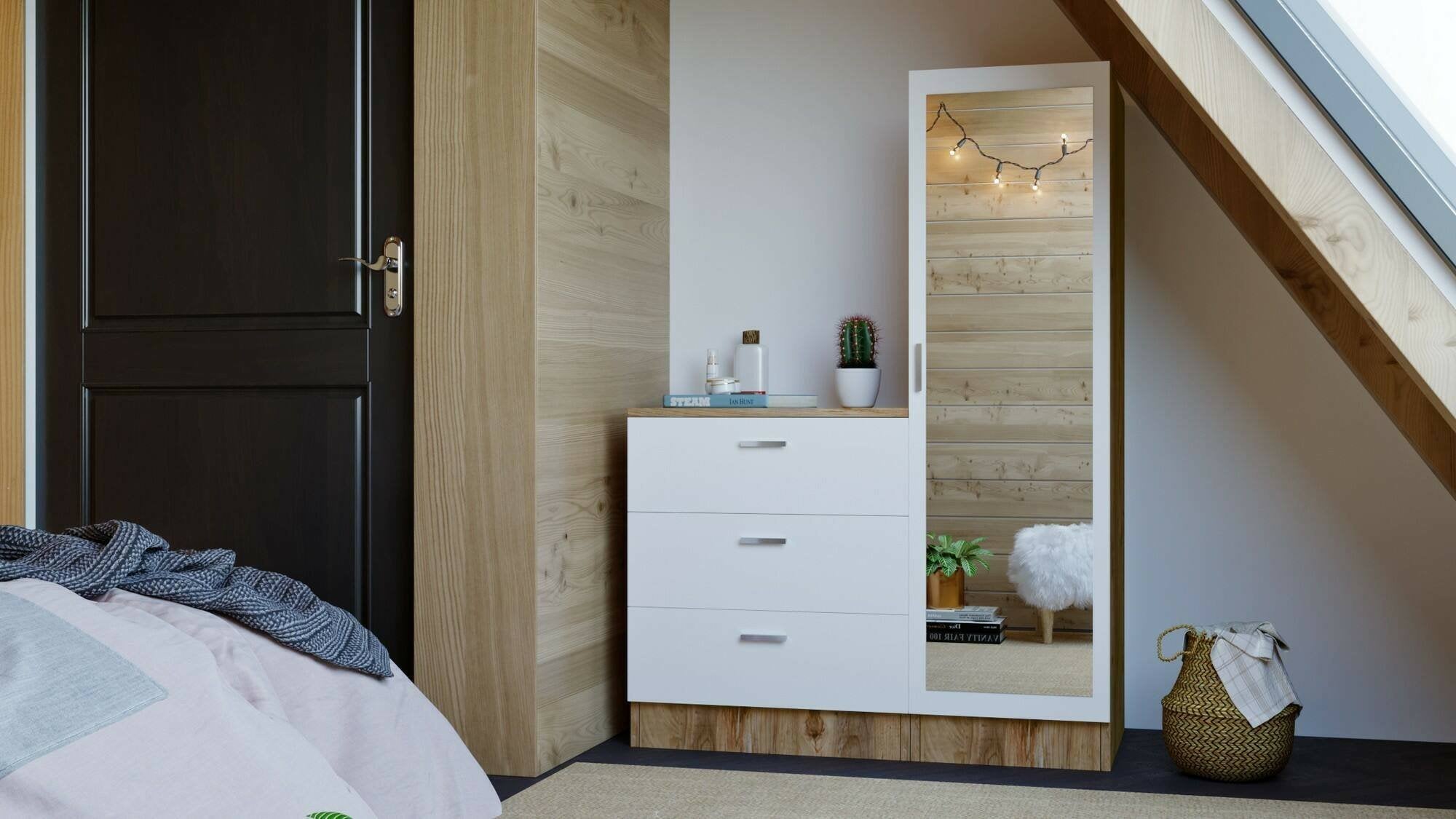 Mobile da ingresso Jaime, Entratina appendiabiti, Composizione per atrio, Consolle portaoggetti multifunzione, 60x47h72 cm, Quercia e Bianco