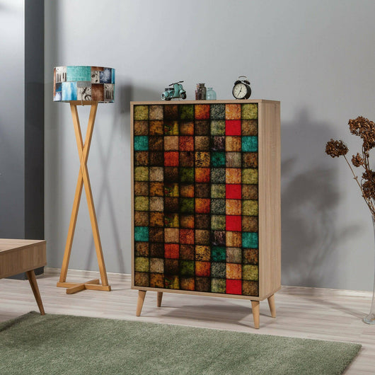 Credenza Andalusite, Buffet da soggiorno, Madia da salotto, Dispensa da cucina, 80x36h127 cm, Quercia e Multicolore