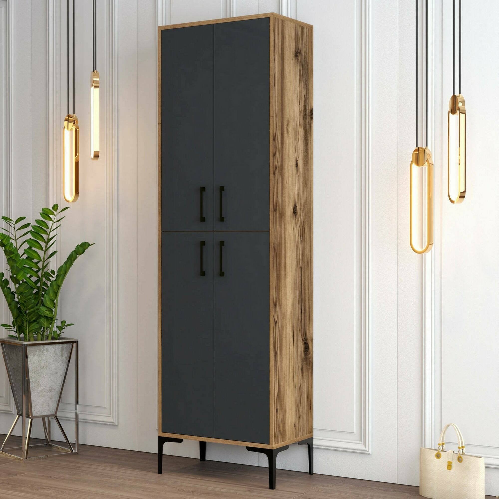 Scarpiera Sebastien, Mobile portascarpe, Armadio da ingresso multiuso, Mobiletto per calzature, 60x35h200 cm, Noce e Antracite