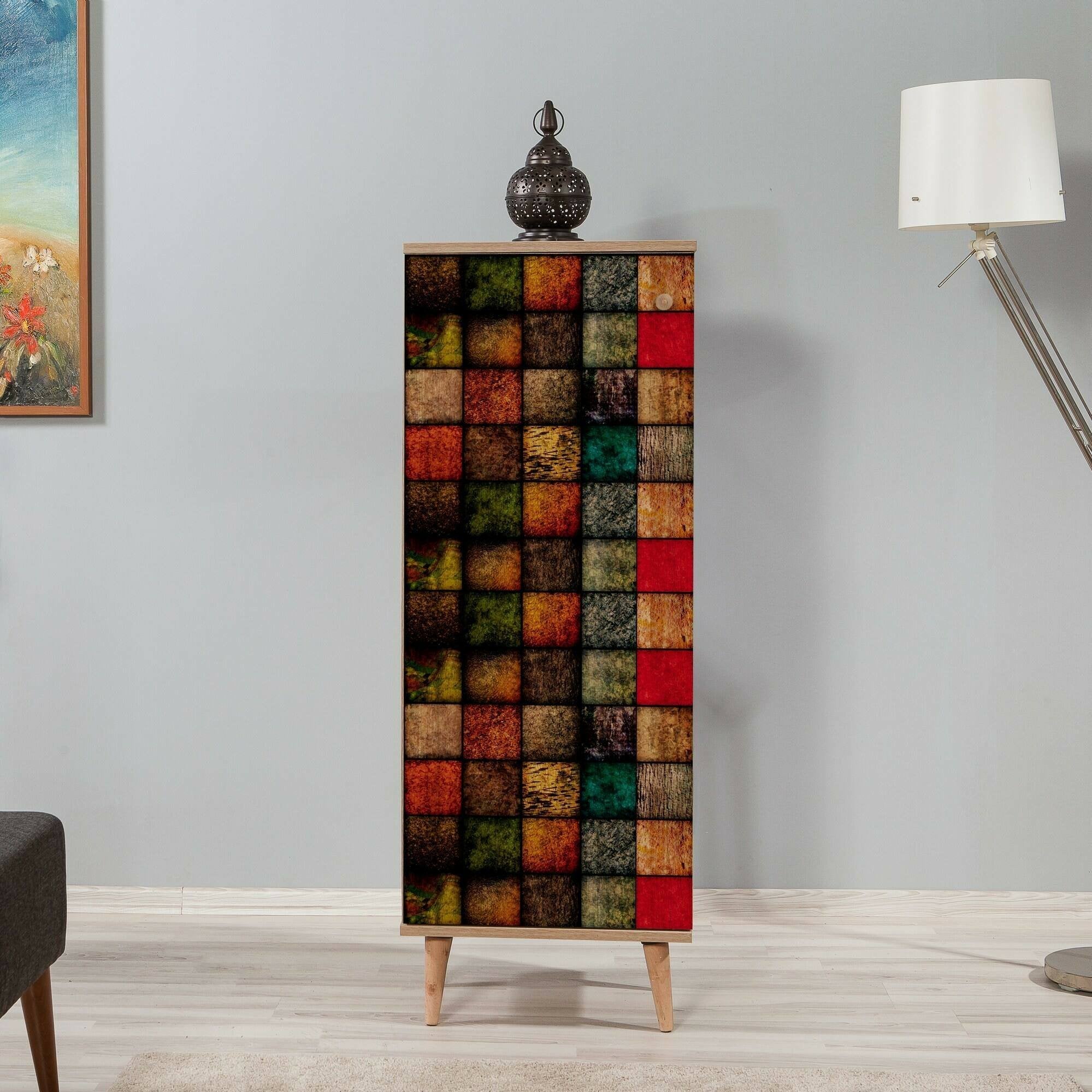 Scarpiera Giadeite, Mobile portascarpe, Armadio da ingresso multiuso, Mobiletto per calzature, 50x38h135 cm, Quercia e Multicolore