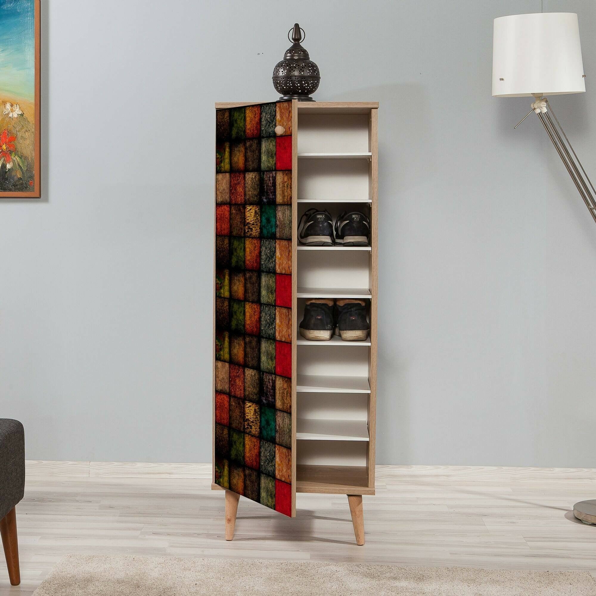 Scarpiera Giadeite, Mobile portascarpe, Armadio da ingresso multiuso, Mobiletto per calzature, 50x38h135 cm, Quercia e Multicolore