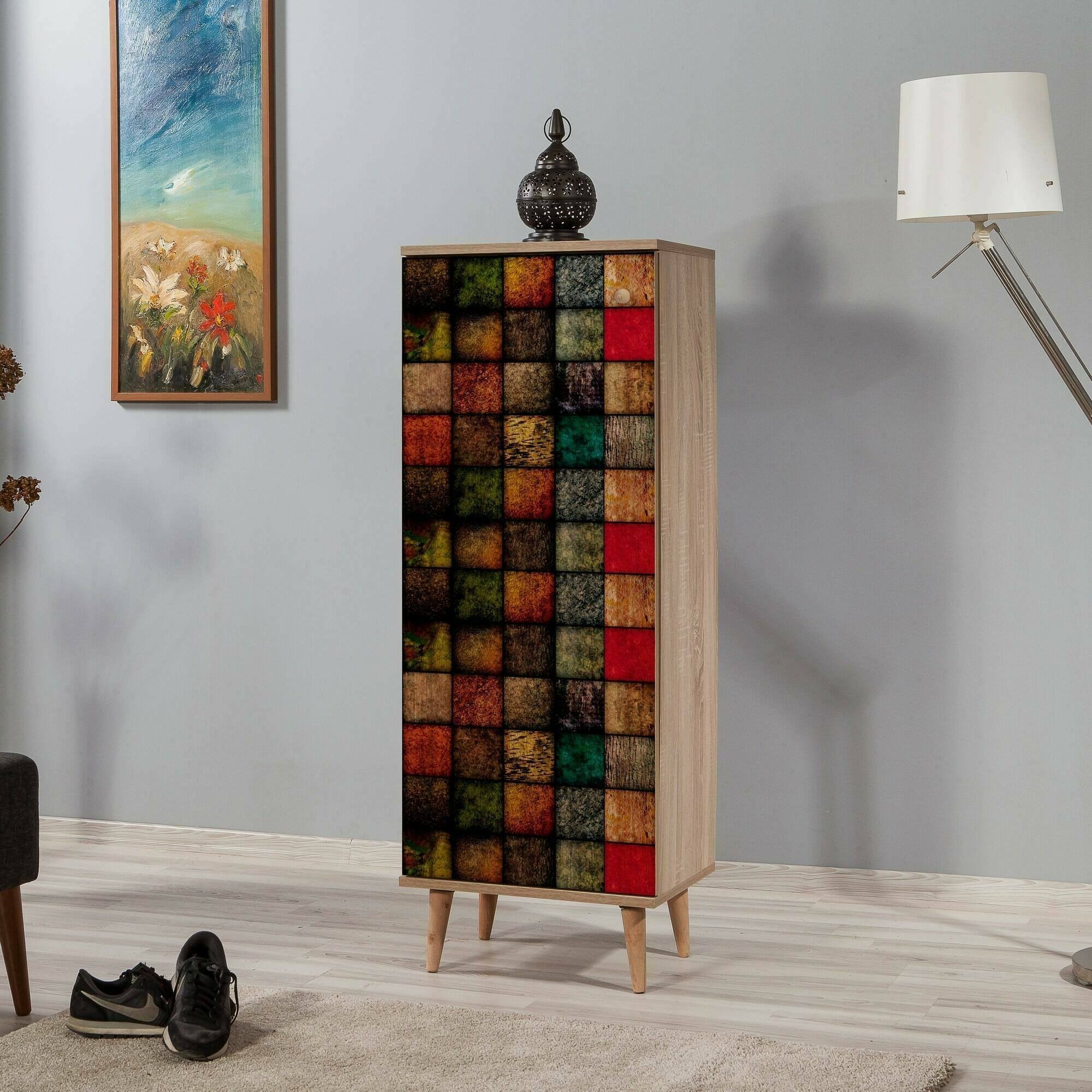 Scarpiera Giadeite, Mobile portascarpe, Armadio da ingresso multiuso, Mobiletto per calzature, 50x38h135 cm, Quercia e Multicolore