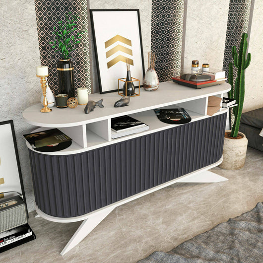 Credenza Joy, Buffet da soggiorno, Madia da salotto, Dispensa da cucina, 150x43h75 cm, Bianco e Antracite