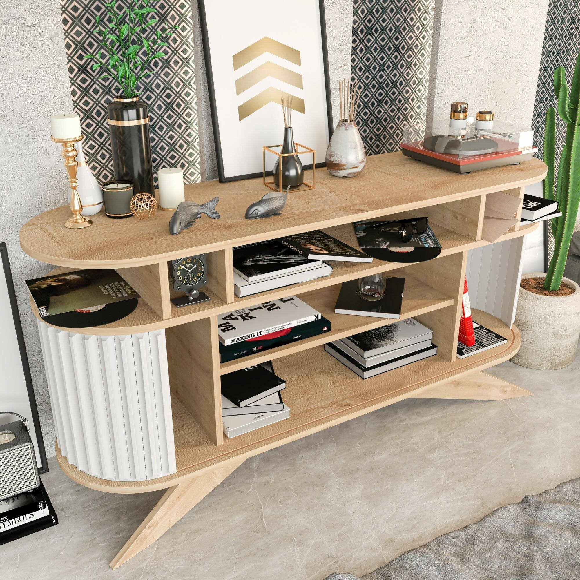 Credenza Joy, Buffet da soggiorno, Madia da salotto, Dispensa da cucina, 150x43h75 cm, Quercia e Bianco