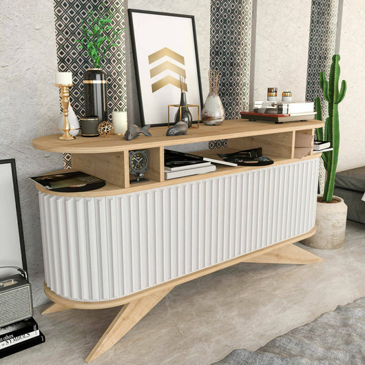 Credenza Joy, Buffet da soggiorno, Madia da salotto, Dispensa da cucina, 150x43h75 cm, Quercia e Bianco