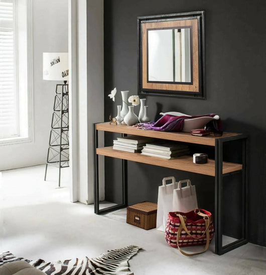 Consolle Basilicata, Tavolo multiuso, Mobiletto d'appoggio, Scrivania da corridoio, 140x35h80 cm, Quercia e Nero