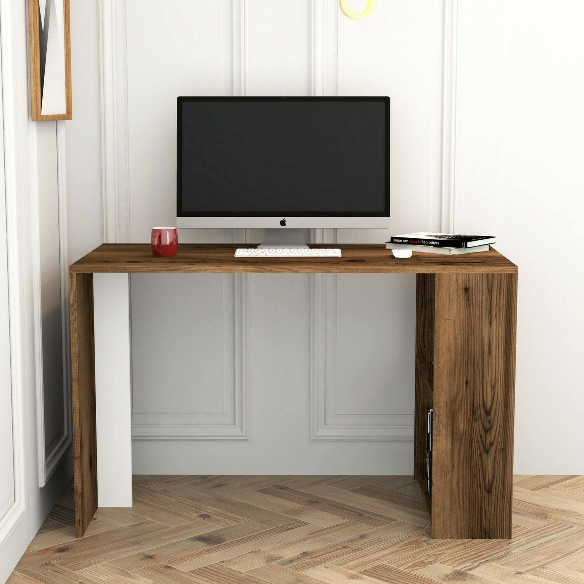 Scrivania Bising, Scrittoio multiuso, Tavolo per ufficio porta PC, Piano di lavoro, 120x60h75 cm, Noce e Bianco