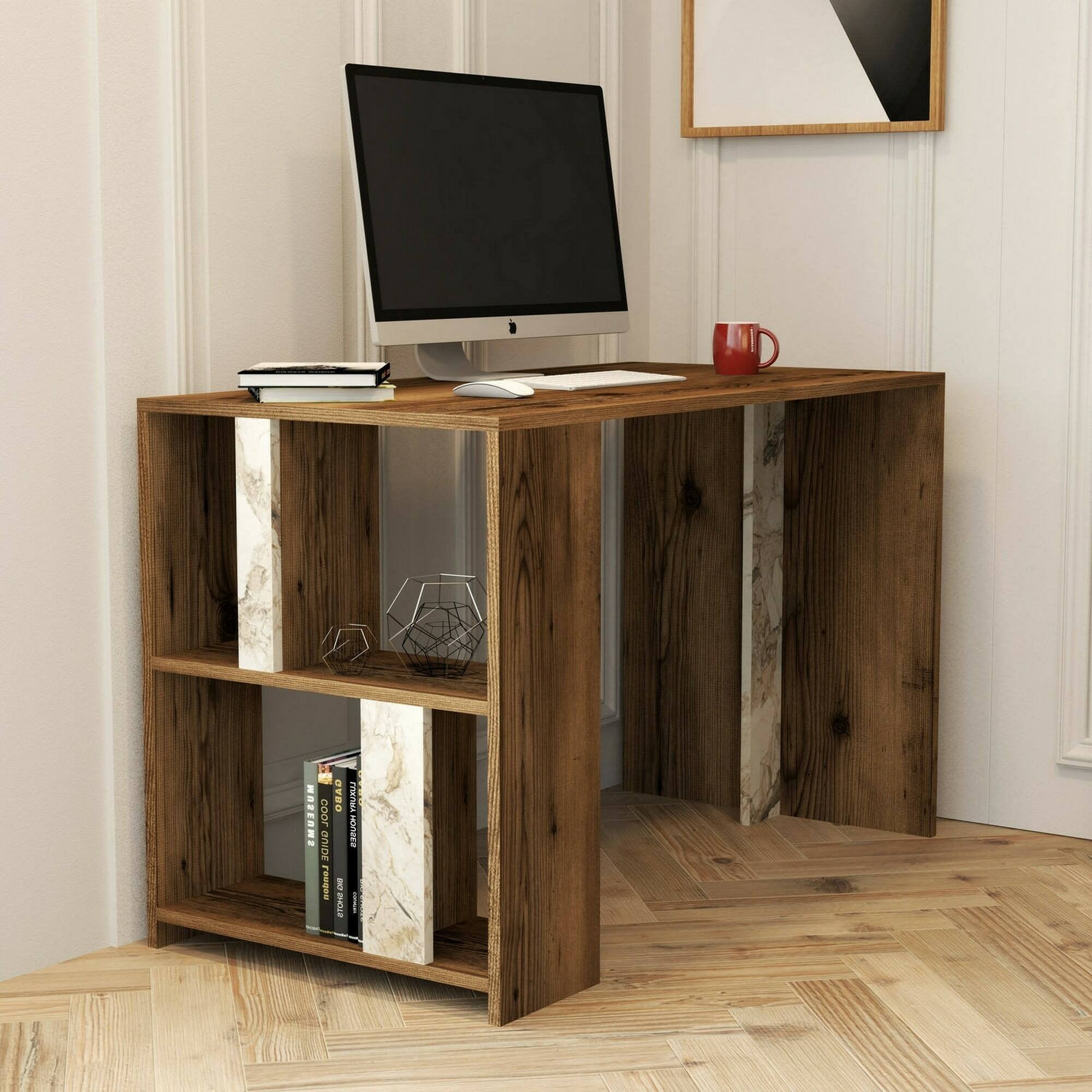 Scrivania Bising, Scrittoio multiuso, Tavolo per ufficio porta PC, Piano di lavoro, 120x60h75 cm, Noce e Bianco Marmo