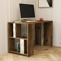 Scrivania Bising, Scrittoio multiuso, Tavolo per ufficio porta PC, Piano di lavoro, 120x60h75 cm, Noce e Bianco Marmo