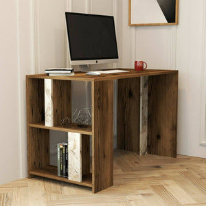 Scrivania Bising, Scrittoio multiuso, Tavolo per ufficio porta PC, Piano di lavoro, 120x60h75 cm, Noce e Bianco Marmo