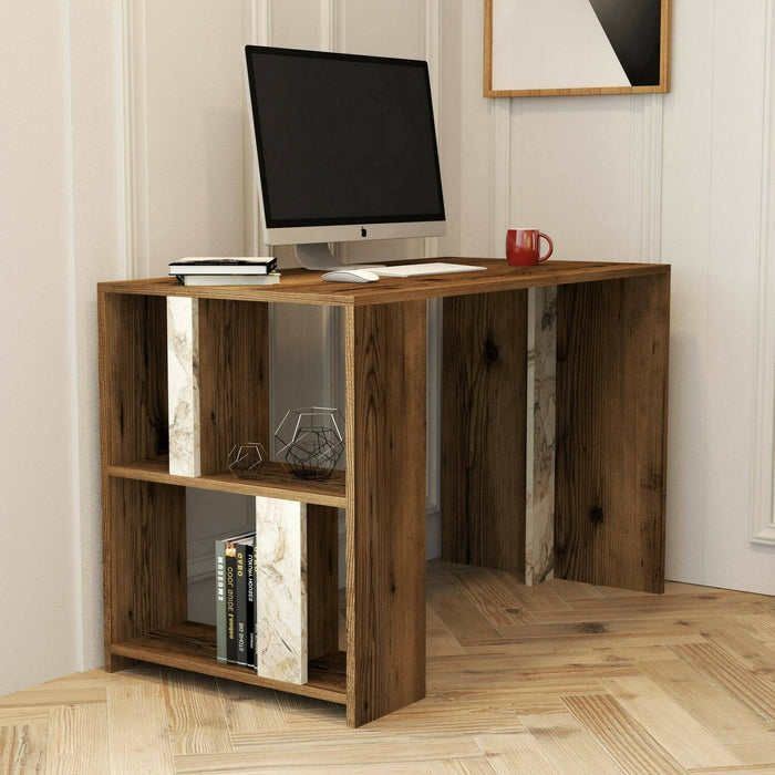 Scrivania Bising, Scrittoio multiuso, Tavolo per ufficio porta PC, Piano di lavoro, 120x60h75 cm, Noce e Bianco Marmo