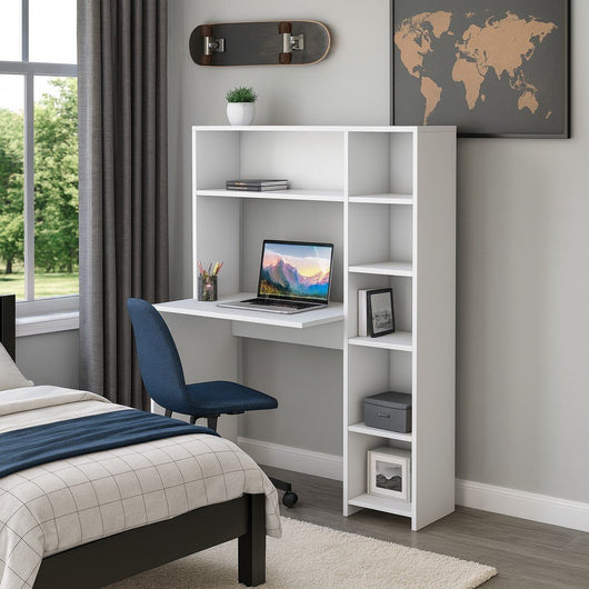 Scrivania Arapaho, Scrittoio multiuso, Tavolo per ufficio porta PC, Piano di lavoro, 113x40h142 cm, Bianco