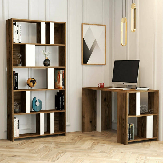 Scrivania Atene, Scrittoio multiuso, Tavolo per ufficio porta PC con libreria, 120x60h75 cm, Noce e Bianco