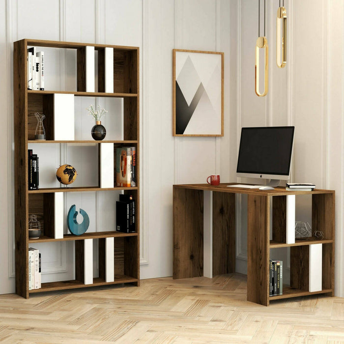 Scrivania Atene, Scrittoio multiuso, Tavolo per ufficio porta PC con libreria, 120x60h75 cm, Noce e Bianco