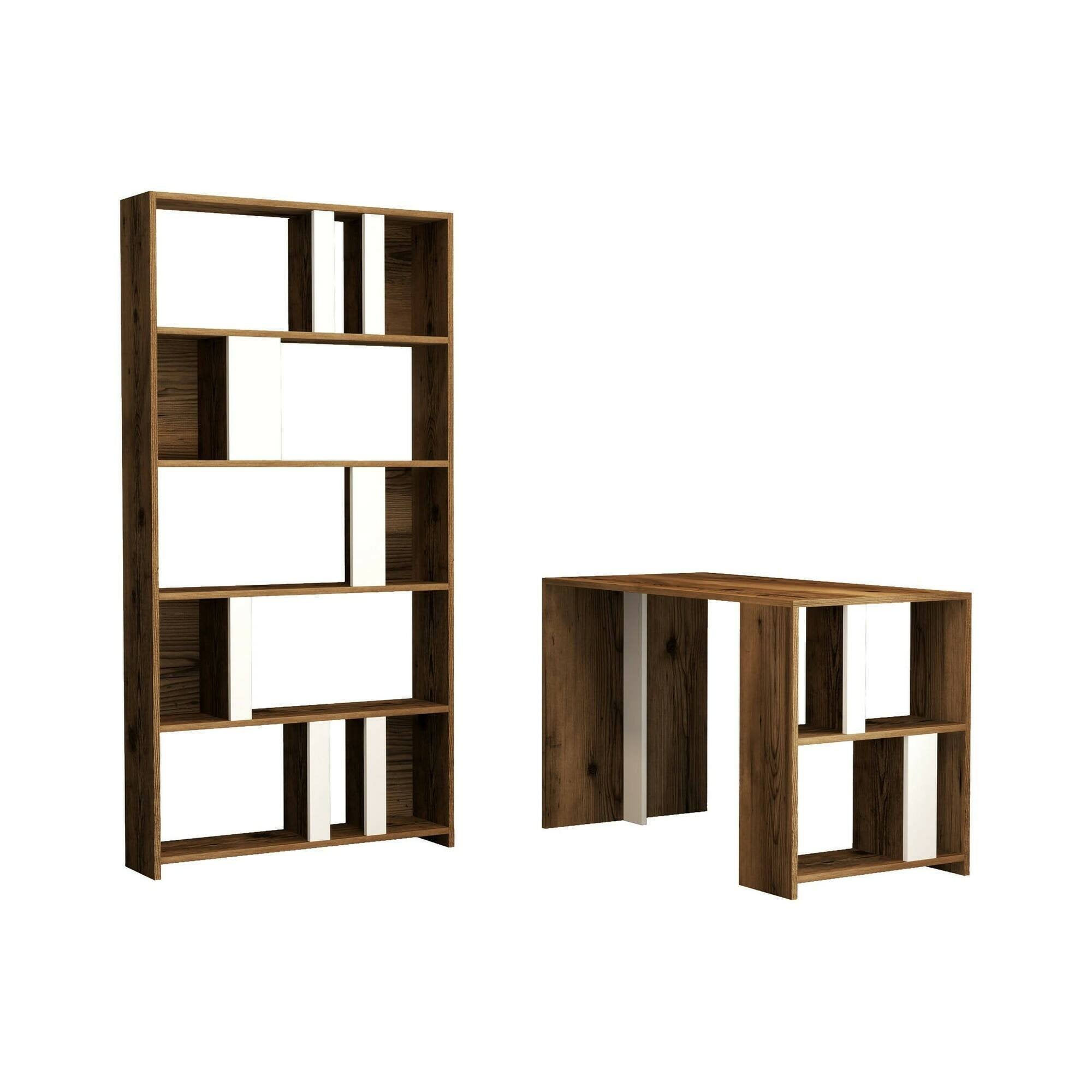 Scrivania Atene, Scrittoio multiuso, Tavolo per ufficio porta PC con libreria, 120x60h75 cm, Noce e Bianco