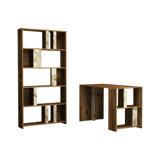 Scrivania Atene, Scrittoio multiuso, Tavolo per ufficio porta PC con libreria, 120x60h75 cm, Noce e Bianco Marmo