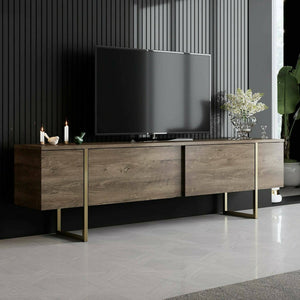 Mobile porta TV Abishia, Credenza da soggiorno, Armadio basso per TV, Base parete attrezzata, 180x30h50 cm, Noce e Oro