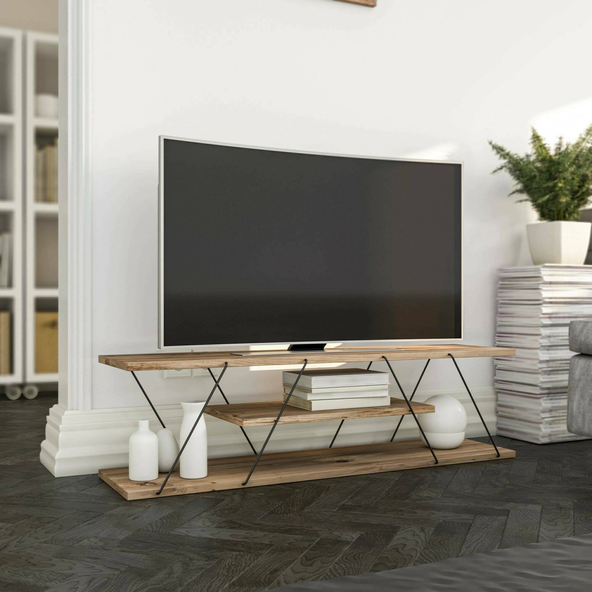 Mobile porta TV Desdemona, Credenza da soggiorno, Armadio basso per TV, Base parete attrezzata, 120x30h33 cm, Nero e Noce
