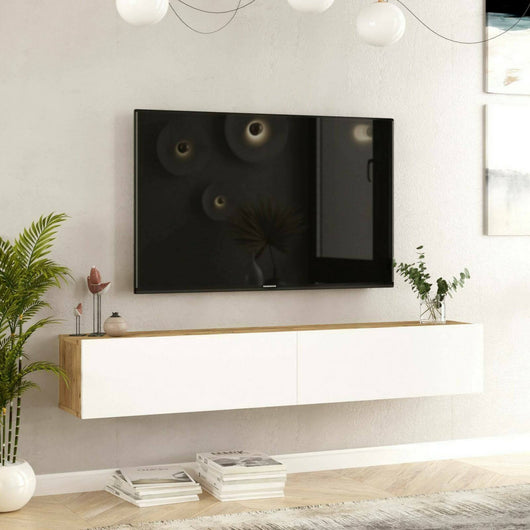 Mobile porta TV Pavone, Credenza da soggiorno, Armadio basso per TV, Base parete attrezzata, 180x32h30 cm, Quercia e Bianco