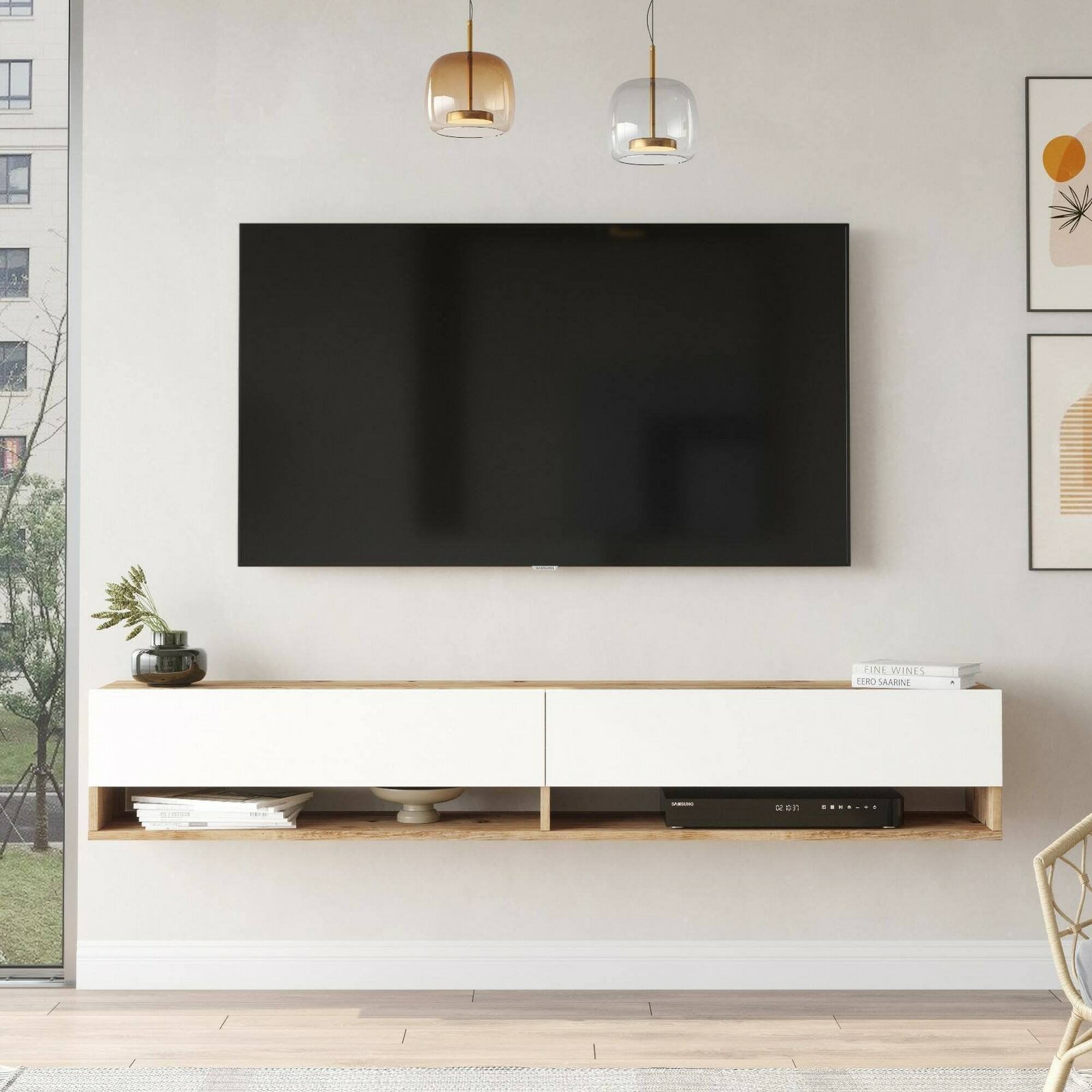Mobile porta TV Compasso, Credenza da soggiorno, Armadio basso per TV, Base parete attrezzata, 180x32h29 cm, Quercia e Bianco