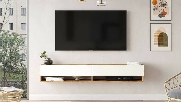 Mobile porta TV Compasso, Credenza da soggiorno, Armadio basso per TV, Base parete attrezzata, 180x32h29 cm, Quercia e Bianco