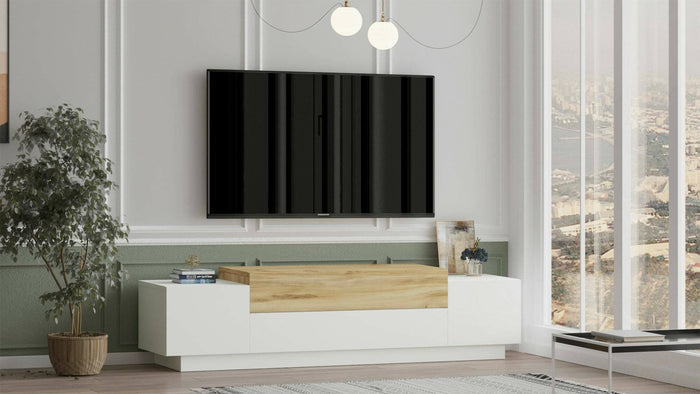 Mobile porta TV Baiano, Credenza da soggiorno, Armadio basso per TV, Base parete attrezzata, 160x37h39 cm, Quercia e Bianco