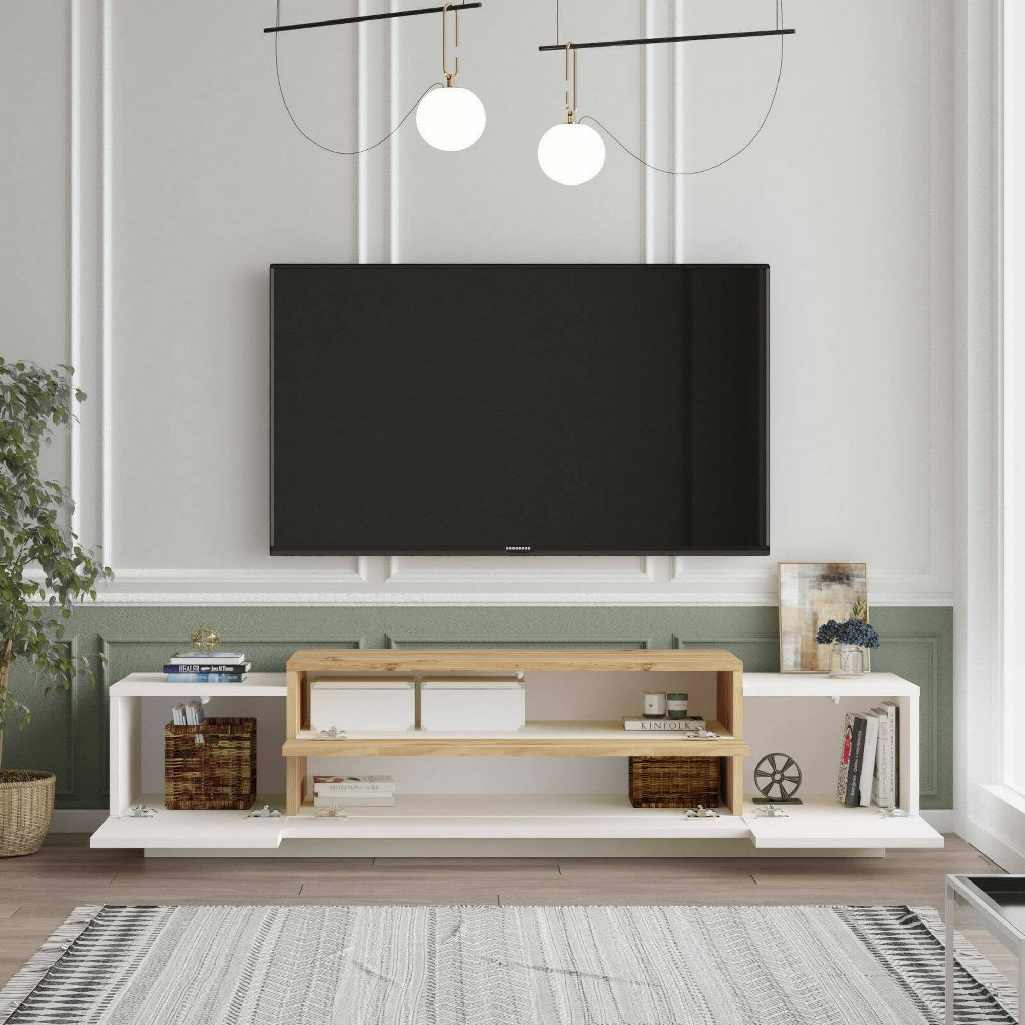 Mobile porta TV Baiano, Credenza da soggiorno, Armadio basso per TV, Base parete attrezzata, 160x37h39 cm, Quercia e Bianco