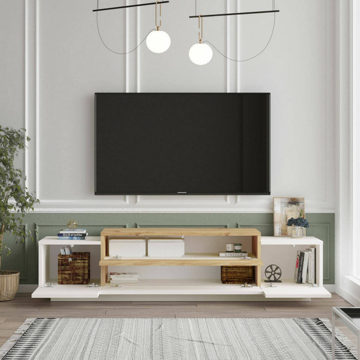 Mobile porta TV Baiano, Credenza da soggiorno, Armadio basso per TV, Base parete attrezzata, 160x37h39 cm, Quercia e Bianco