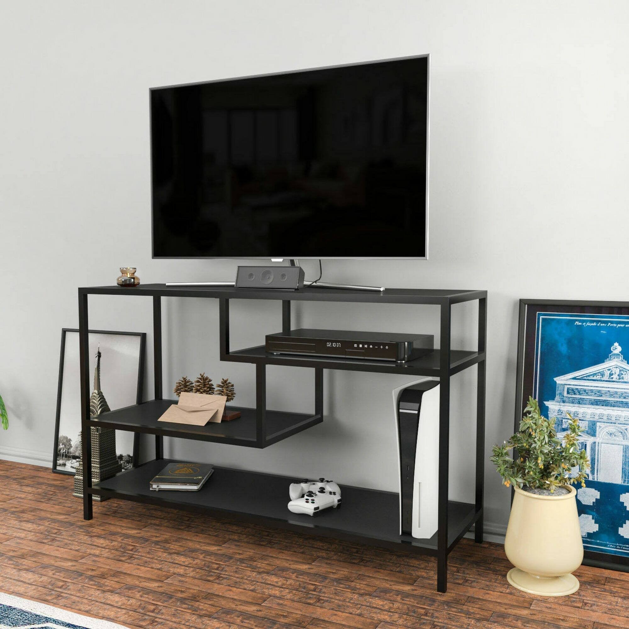 Mobile porta TV Ivette, Credenza da soggiorno, Armadio basso per TV, Base parete attrezzata, 120x39h75 cm, Antracite e Nero
