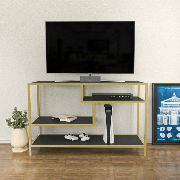 Mobile porta TV Ivette, Credenza da soggiorno, Armadio basso per TV, Base parete attrezzata, 120x39h75 cm, Oro e Antracite