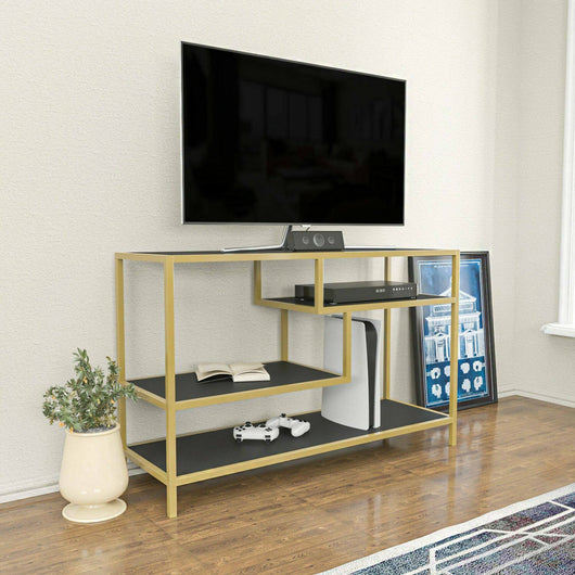 Mobile porta TV Ivette, Credenza da soggiorno, Armadio basso per TV, Base parete attrezzata, 120x39h75 cm, Oro e Antracite