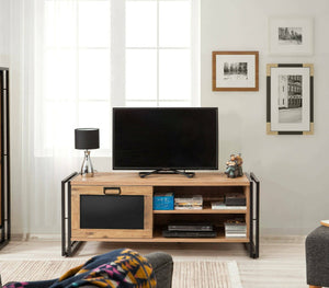 Mobile porta TV Luban, Credenza da soggiorno, Armadio basso per TV, Base parete attrezzata, 130x45h50 cm, Quercia e Nero
